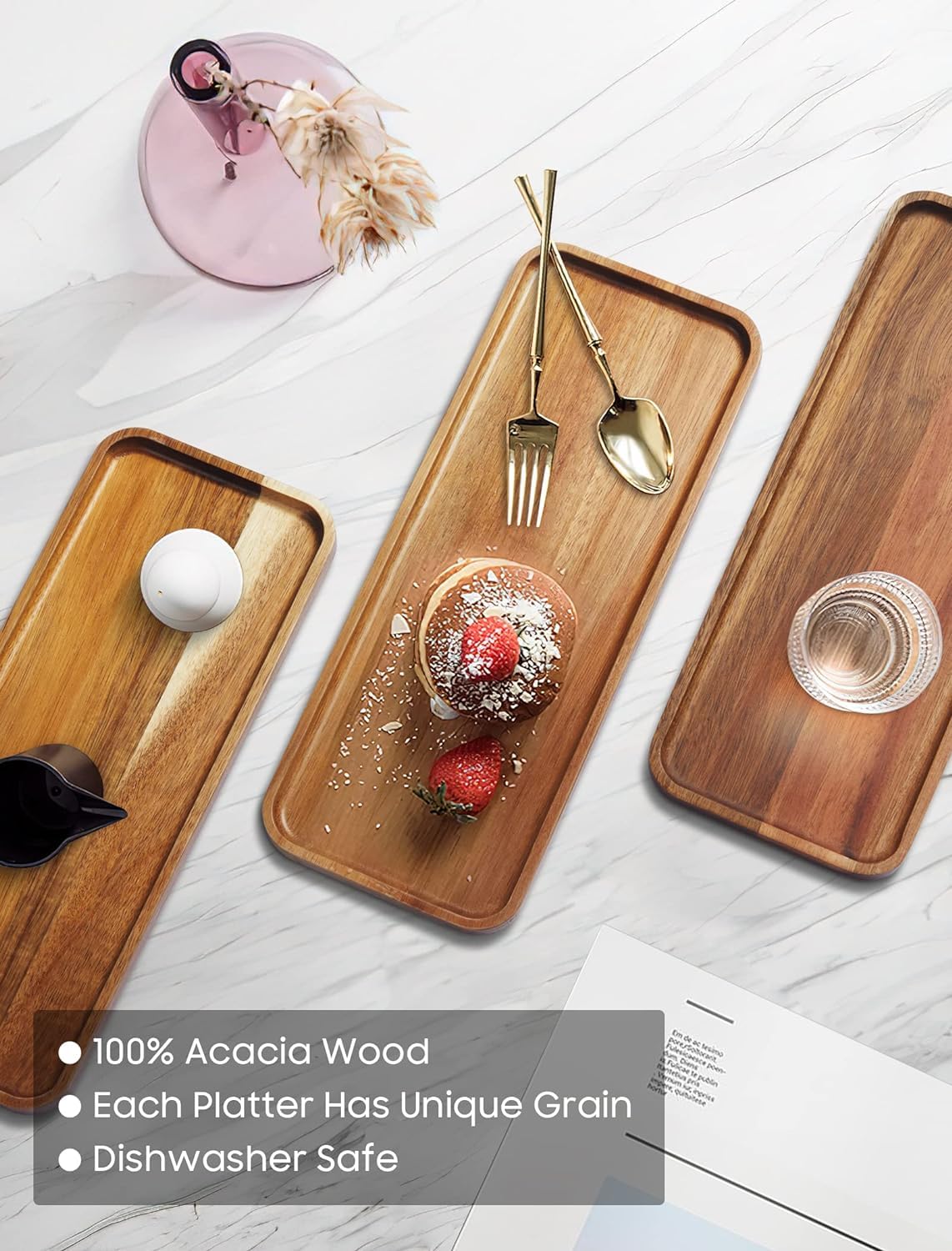 HOMKULA Acacia Wood Serving Platters and Trays - 14" x 5.5" Wooden Mini Charcuterie Boards, Small Cheese Board, Rectangle Wooden Tray for Kitchen Counter, Bathroom, Home Decor, Party, 3 Pack