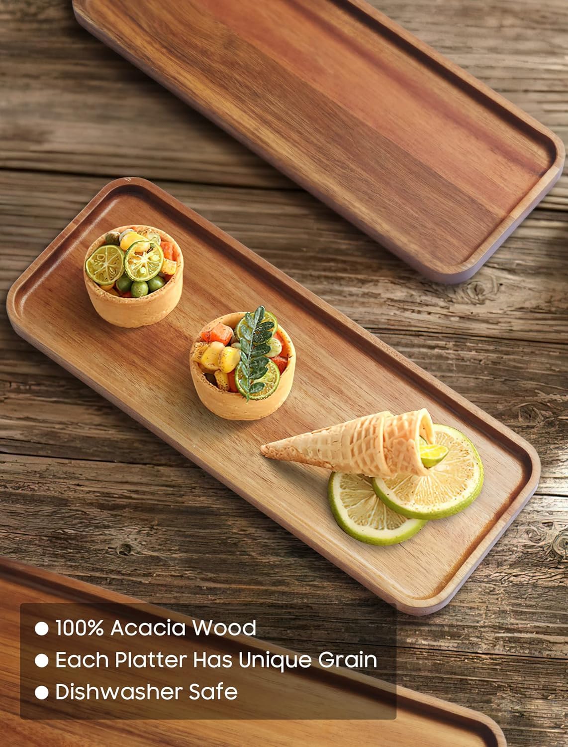 HOMKULA Acacia Wood Serving Platters and Trays - 14" x 5.5" Wooden Mini Charcuterie Boards, Small Cheese Board, Rectangle Wooden Tray for Kitchen Counter, Bathroom, Home Decor, Party, 3 Pack