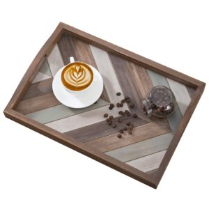 mygift 16 inch rustic brown wood serving tray with handles and multicolored chevron design, ottoman decorative tray