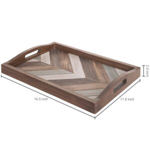 MyGift 16 Inch Rustic Brown Wood Serving Tray with Handles and Multicolored Chevron Design, Ottoman Decorative Tray