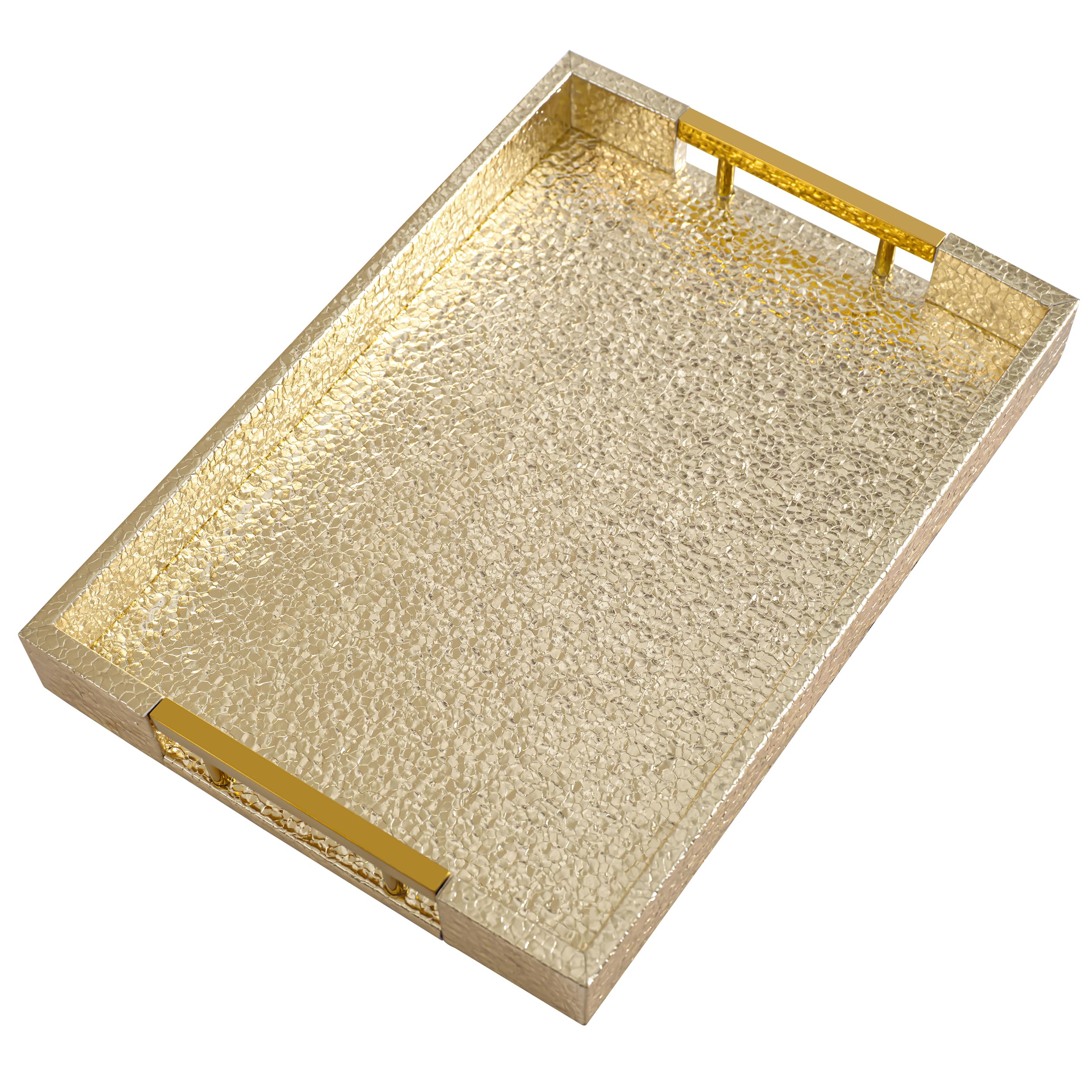 YAMILAN-Serving Tray with Gold Polished Metal Handles,Decorative Tray for Coffee Table,Ottoman Tray for Living Room,Modern Elegant Rectangle Leather Trays for All Occasions/Diamond Grain/Light Gold