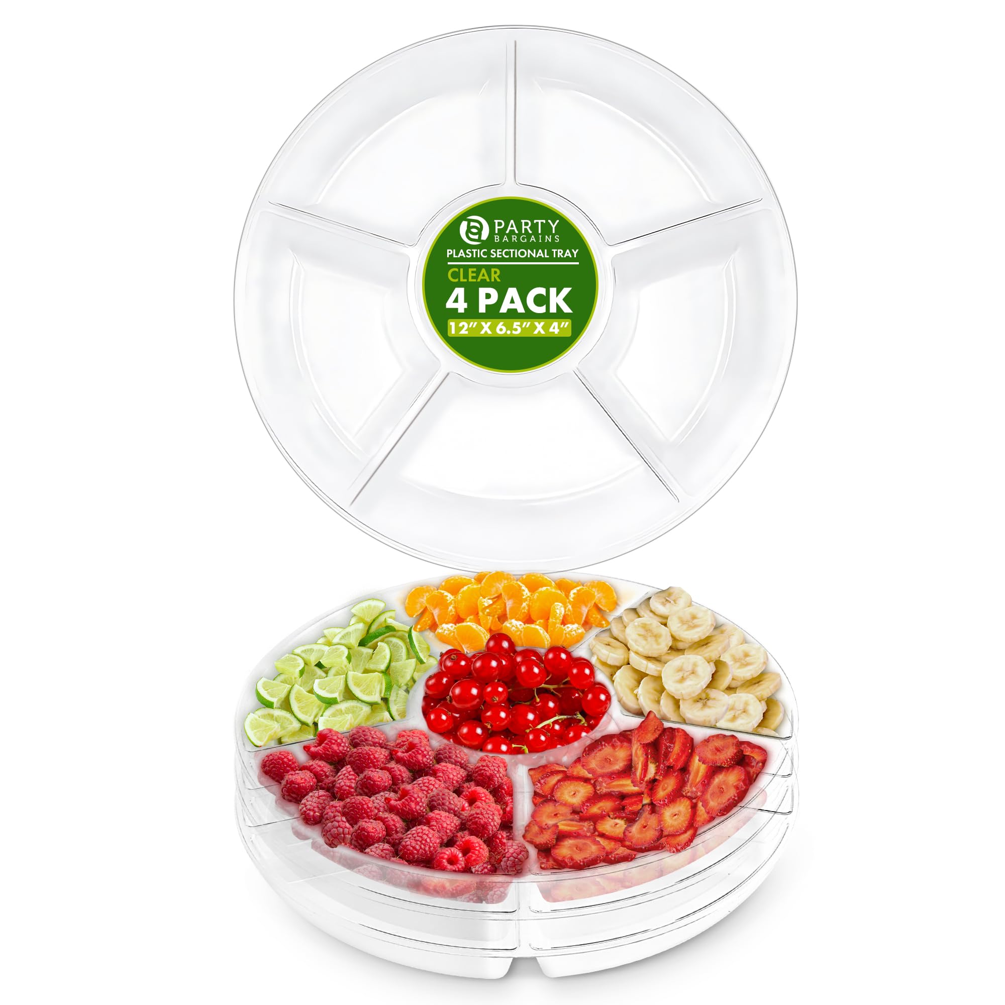 PARTY BARGAINS 12" Round Plastic Serving Tray, 6-Sections, Clear, Pack of 4