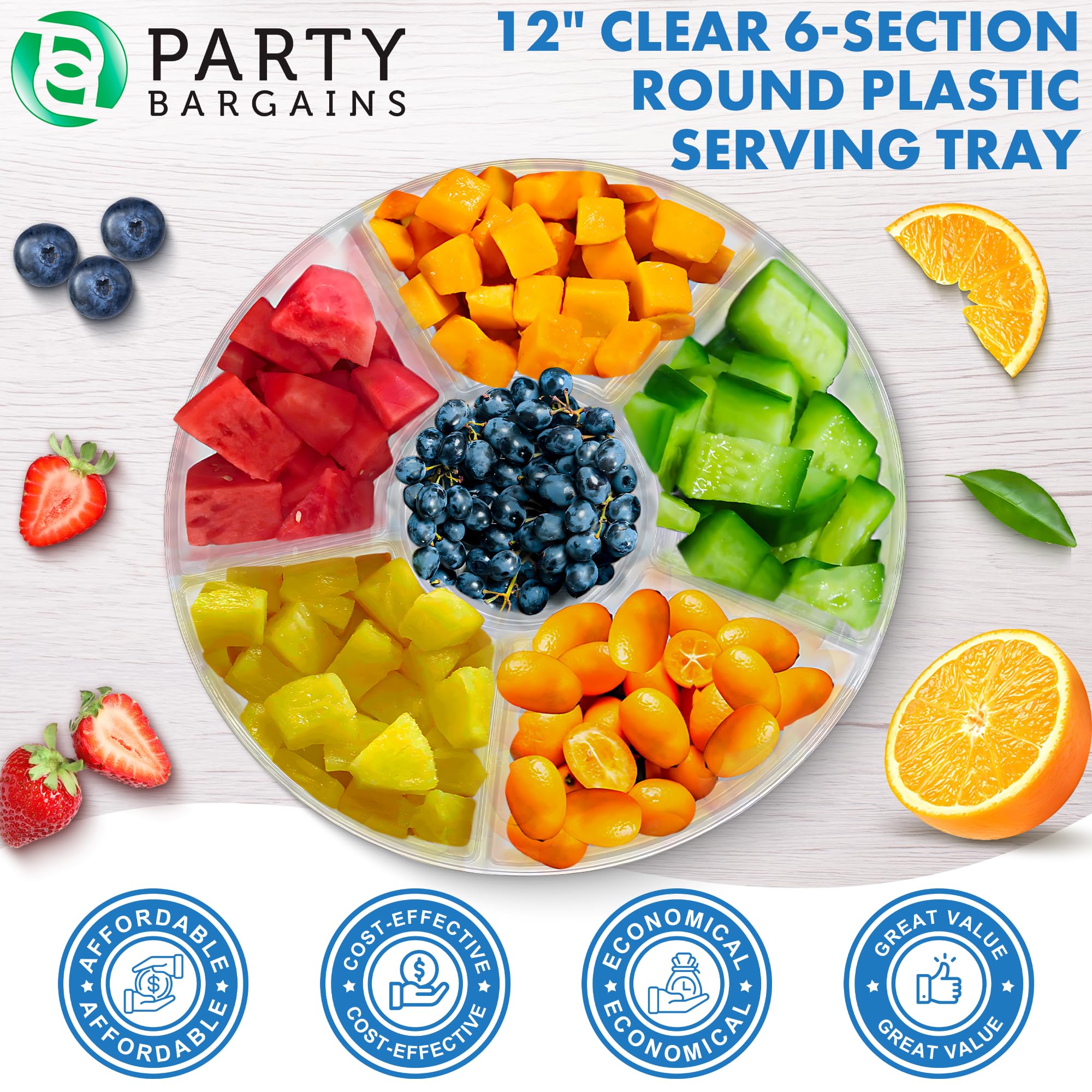 PARTY BARGAINS 12" Round Plastic Serving Tray, 6-Sections, Clear, Pack of 4
