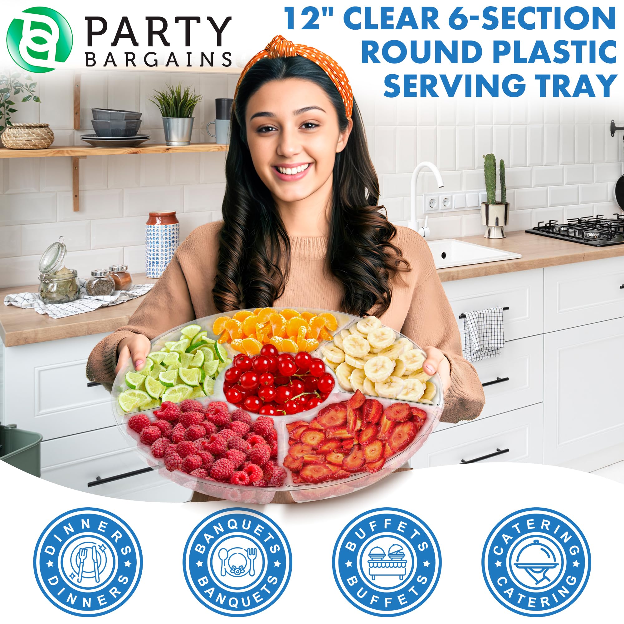 PARTY BARGAINS 12" Round Plastic Serving Tray, 6-Sections, Clear, Pack of 4