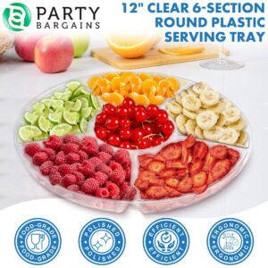 PARTY BARGAINS 12" Round Plastic Serving Tray, 6-Sections, Clear, Pack of 4