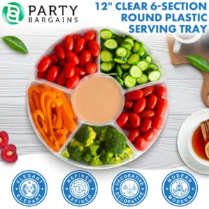 PARTY BARGAINS 12" Round Plastic Serving Tray, 6-Sections, Clear, Pack of 4
