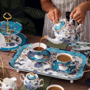 ACMLIFE Tea Serving Tray Set, 21 inches Bone China Tray Tea Tray with Handles, Blue Fine Ceramic Decorative Serving Tray Platter with Golden Rim for Tea Sets, Living Room, Gift (Blue)