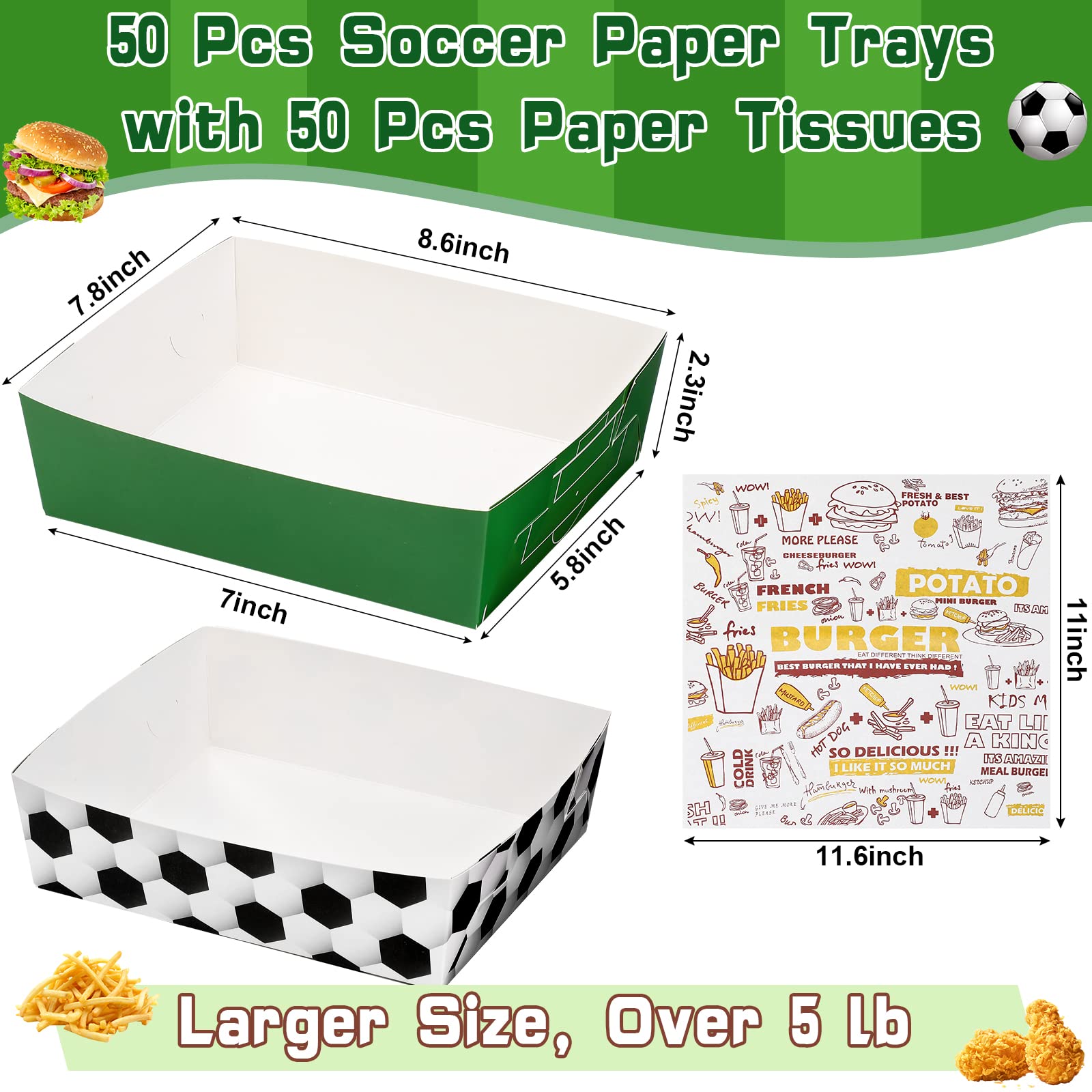 50 Pack Soccer Party Favors 5 lb Paper Food Trays Large Soccer Paper Food Boats Disposable Serving Tray Snack Trays for Food, Condiment, Carnivals, Birthday, Party Decorations