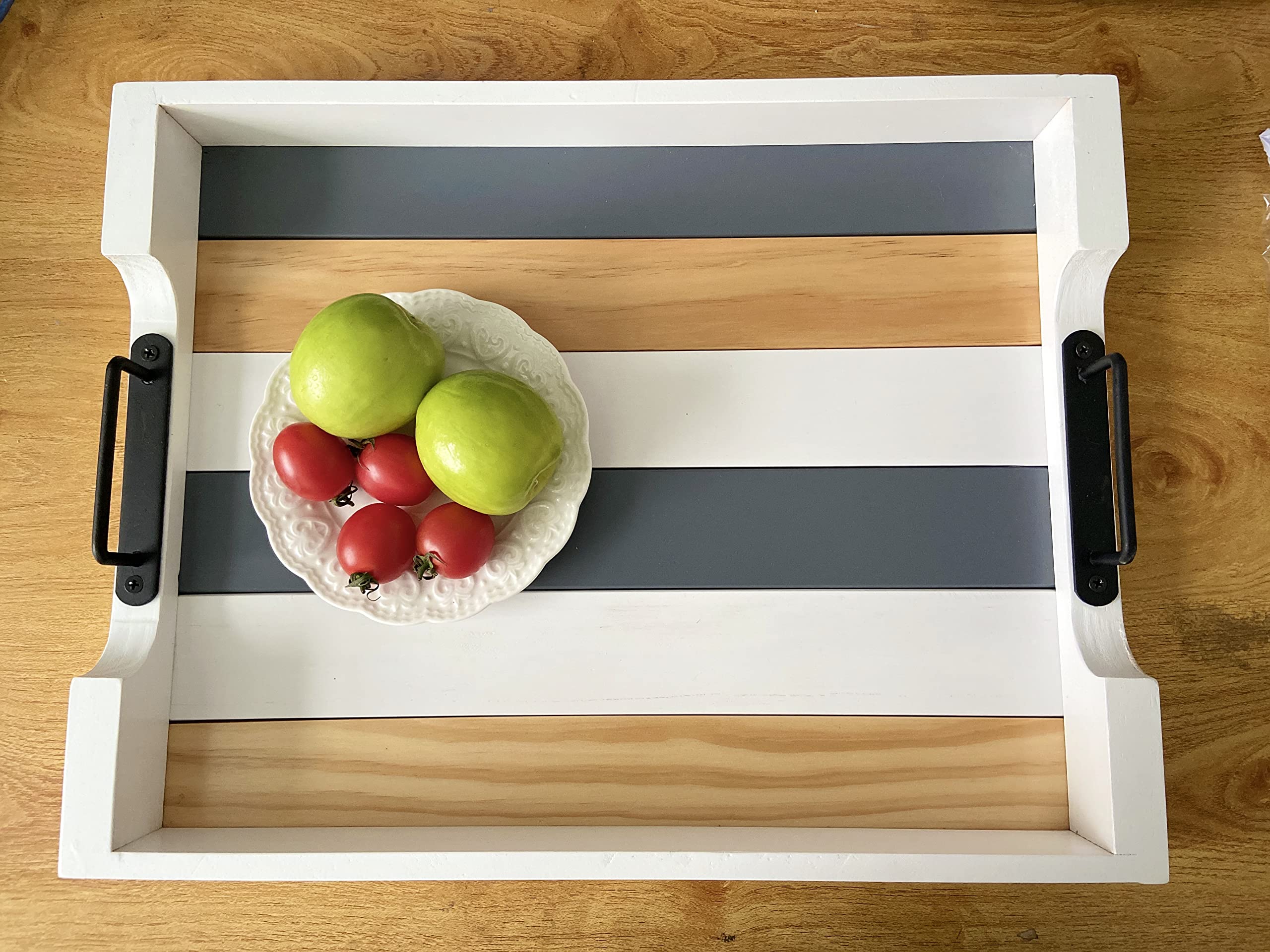 Serving Tray Wooden with Handle for Ottoman, Rustic Rectangle Coffee Tray for Eating, Size 17''x13'', Multicolor