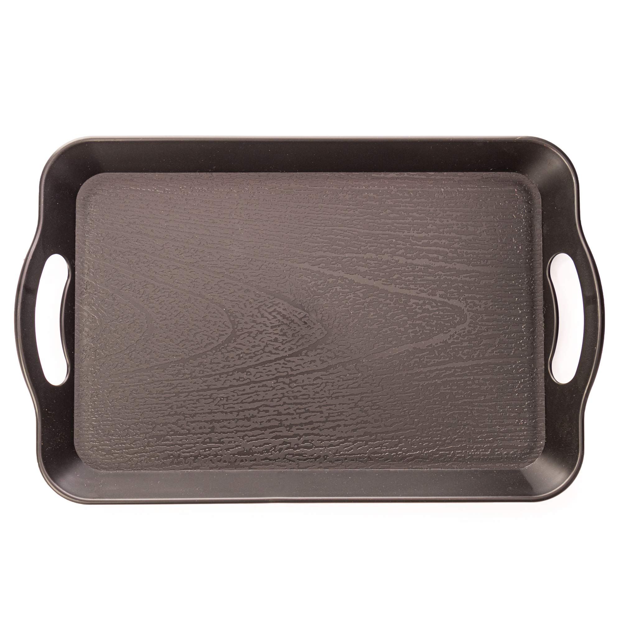 Handled Cafeteria Tray - 14" x 9" Rectangular Wood Grain Textured Plastic Food Serving TV Tray - Great for Restaurant Buffets, Diners, School Lunch, Cafe Commercial Kitchen and More (Black)