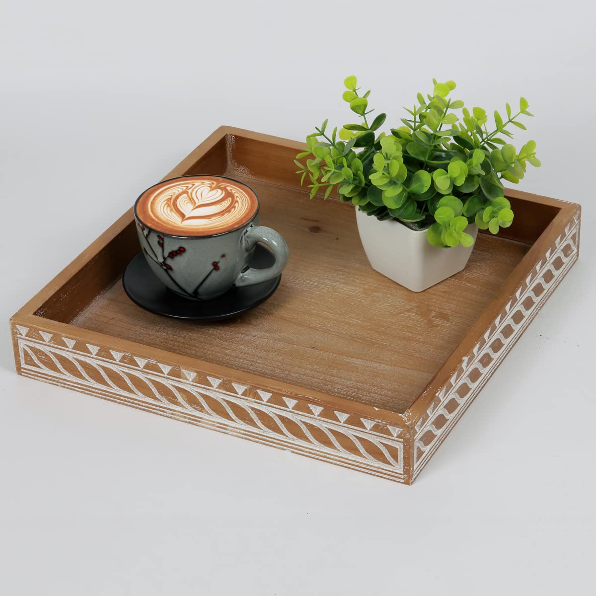 Thewense 12"x12" Farmhouse Decorative Ottoman Coffee Table Accent Tray，Perfect for Storage and Display, Small Square Wood Serving Tray for Office, Kitchen, Dining Room (Square Brown)