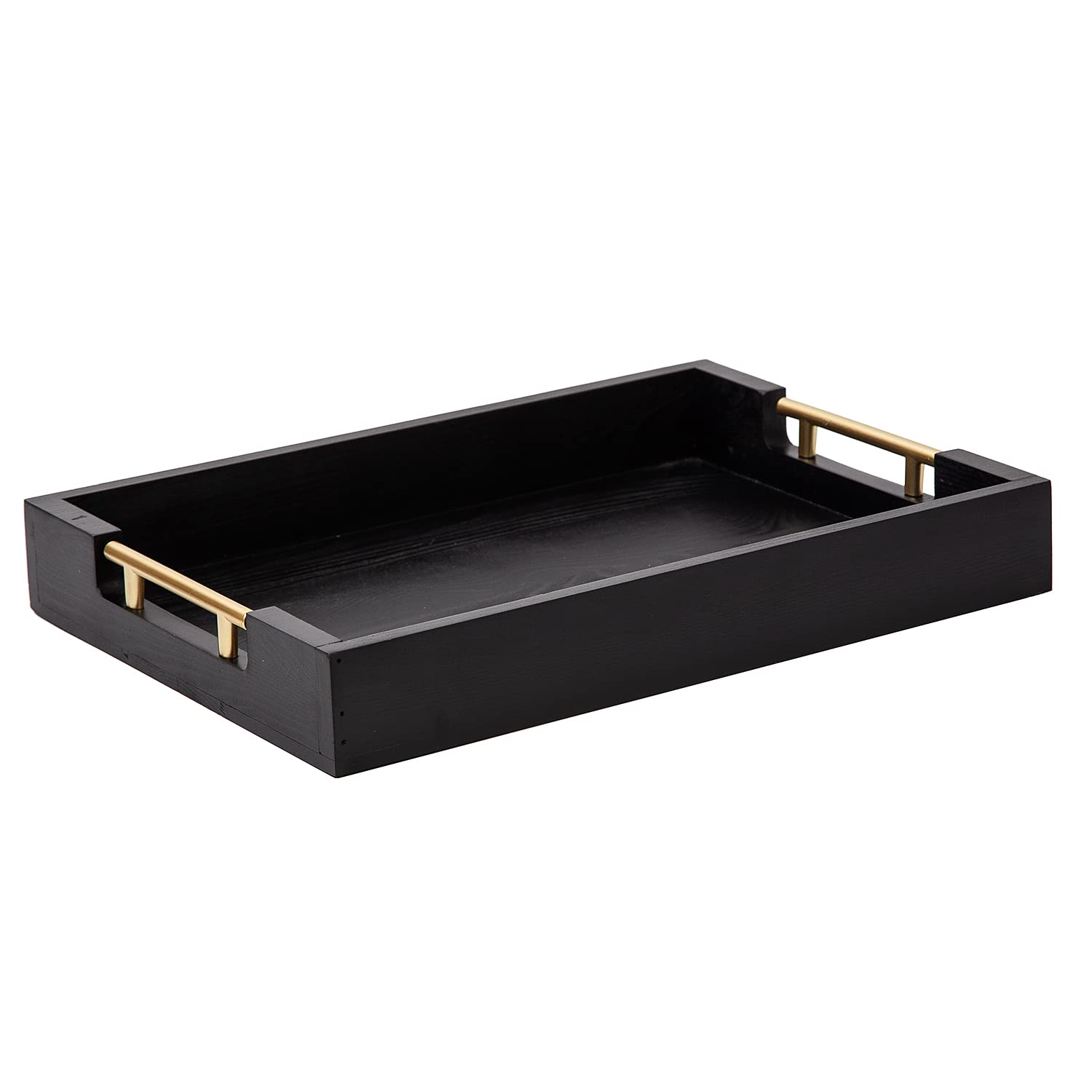 Decorative Coffee Table Ottoman Trays Modern Wood Elegant 16"x12" Rectangle Glossy Shagreen Serving Trays with Gold Metal Handles -Drinks, Liquor Serving Platter for All Occasion's(Black)