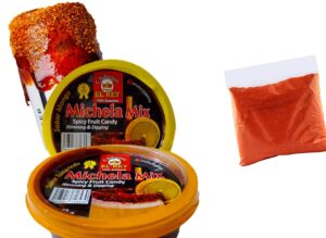 michela mix 2 pack michelada rimmer, rimming dip, michelada and fruit dip, chiltepin el rey (1 tamarindo 1 mango)