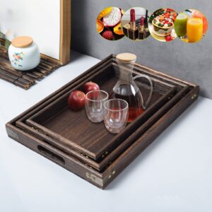 3PCS Wooden Trays, Wood Serving Tray with Handles, Rustic Vintage Food Serving Trays, Square Decorative Wooden Serving Trays for Breakfast, Appetizer, Coffee, Tea, Dining Room, Party, Restaurants