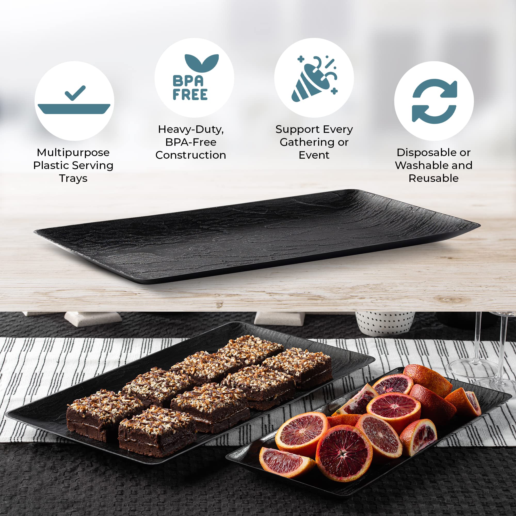 Plastic Serving Tray, Black Wood Pattern Party Platters, Disposable Premium Durable Plastic, 17" x 9" Rectangular Serving Tray, 5 Pack - Posh Setting