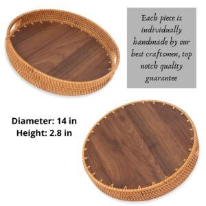 Round Rattan Decorative Tray with Natural Wood - Vanity Trays - Fruit Baskets - Small Serving Tray (13 inch)