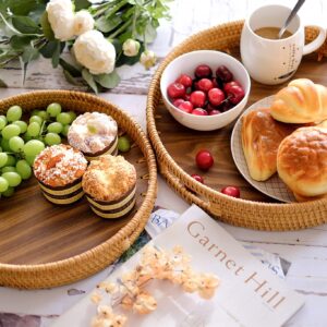 Round Rattan Decorative Tray with Natural Wood - Vanity Trays - Fruit Baskets - Small Serving Tray (13 inch)