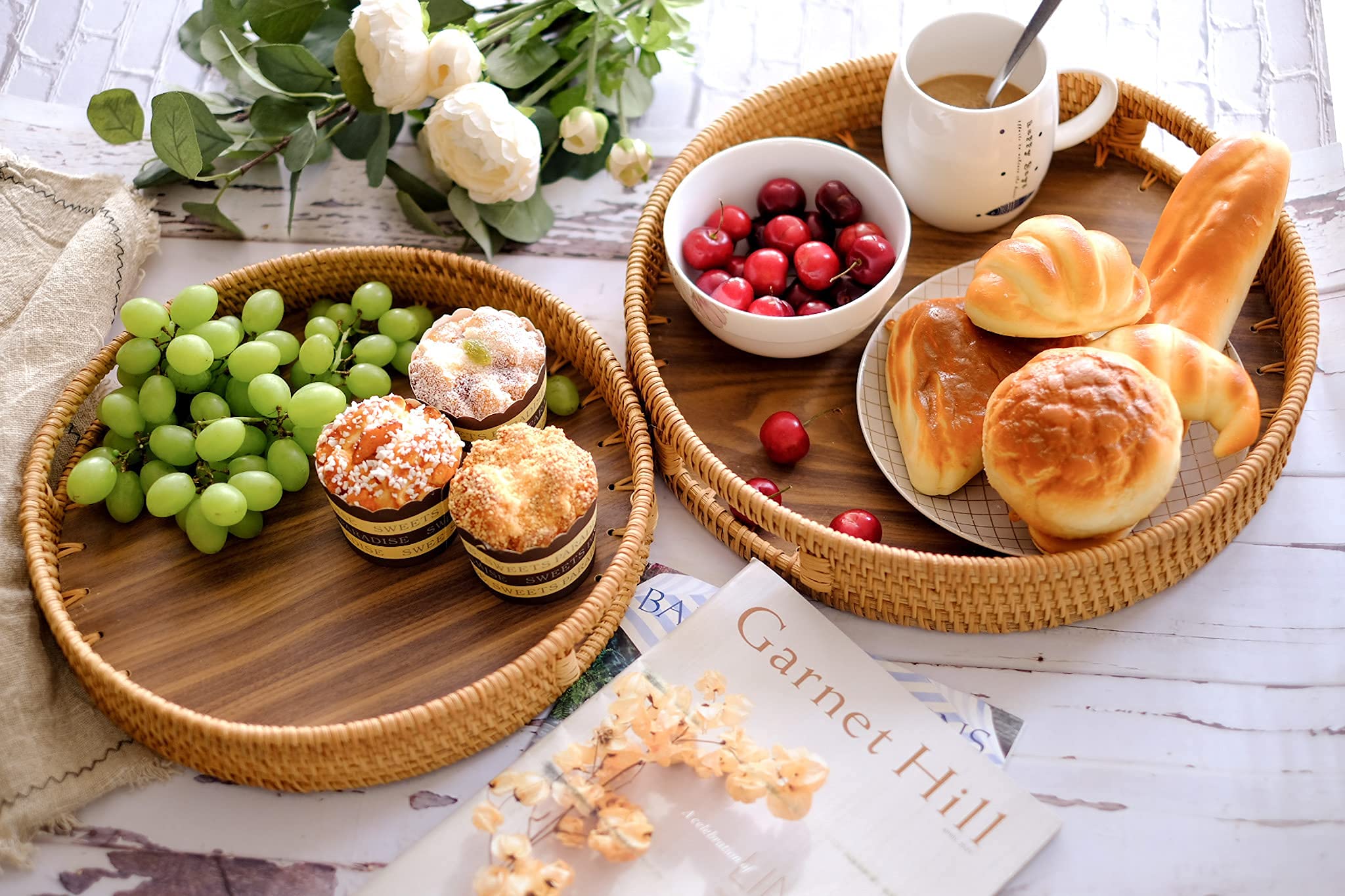 Round Rattan Decorative Tray with Natural Wood - Vanity Trays - Fruit Baskets - Small Serving Tray (13 inch)