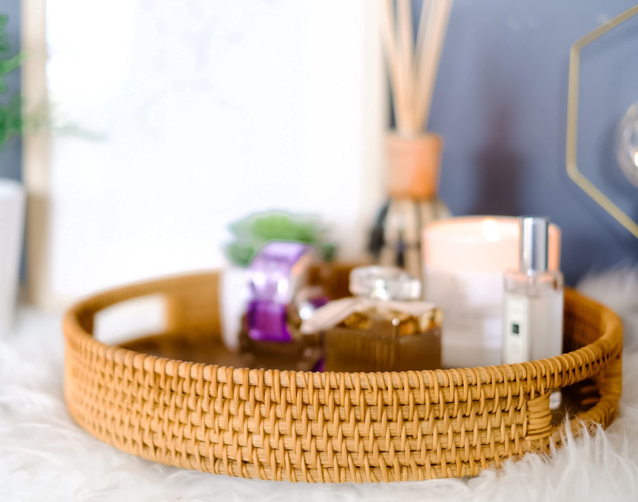 Round Rattan Decorative Tray with Natural Wood - Vanity Trays - Fruit Baskets - Small Serving Tray (13 inch)