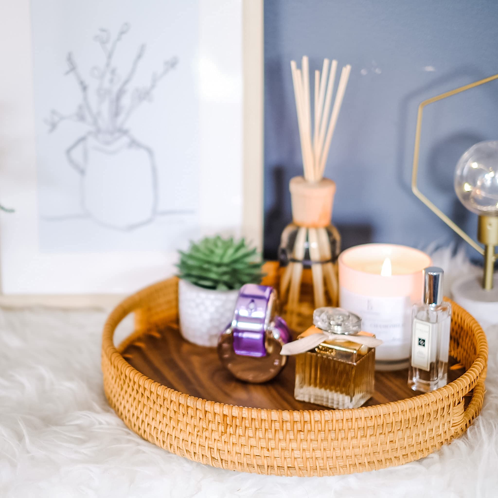 Round Rattan Decorative Tray with Natural Wood - Vanity Trays - Fruit Baskets - Small Serving Tray (13 inch)