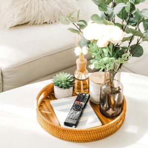 Round Rattan Decorative Tray with Natural Wood - Vanity Trays - Fruit Baskets - Small Serving Tray (13 inch)