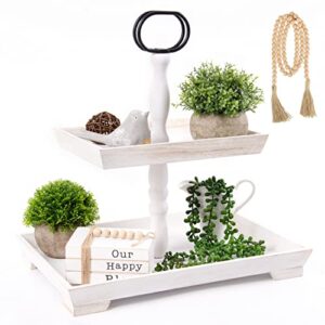 perfnique tiered tray stand, white wooden 2 tier tray with 58in wood bead garland, serving tray, farmhouse rustic home kitchen decor, morden decorations set for shelf coffee bar table (white)