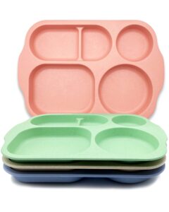 kitlab unbreakable divided plates, 4 pack wheat straw tray, large fast food tray for toddlers adults kids children, lightweight plates, dishwasher and microwave safe