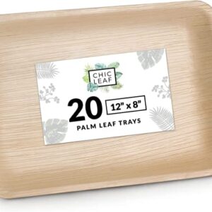 Chic Leaf Disposable Palm Leaf Trays Like Rectangle Bamboo Serving Tray 12"x8" (20 pk) - All Natural and 100% Compostable Party Trays for Charcuterie Boards, Catering, Wedding, Party