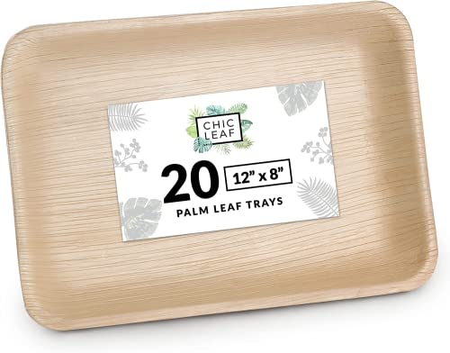 Chic Leaf Disposable Palm Leaf Trays Like Rectangle Bamboo Serving Tray 12"x8" (20 pk) - All Natural and 100% Compostable Party Trays for Charcuterie Boards, Catering, Wedding, Party