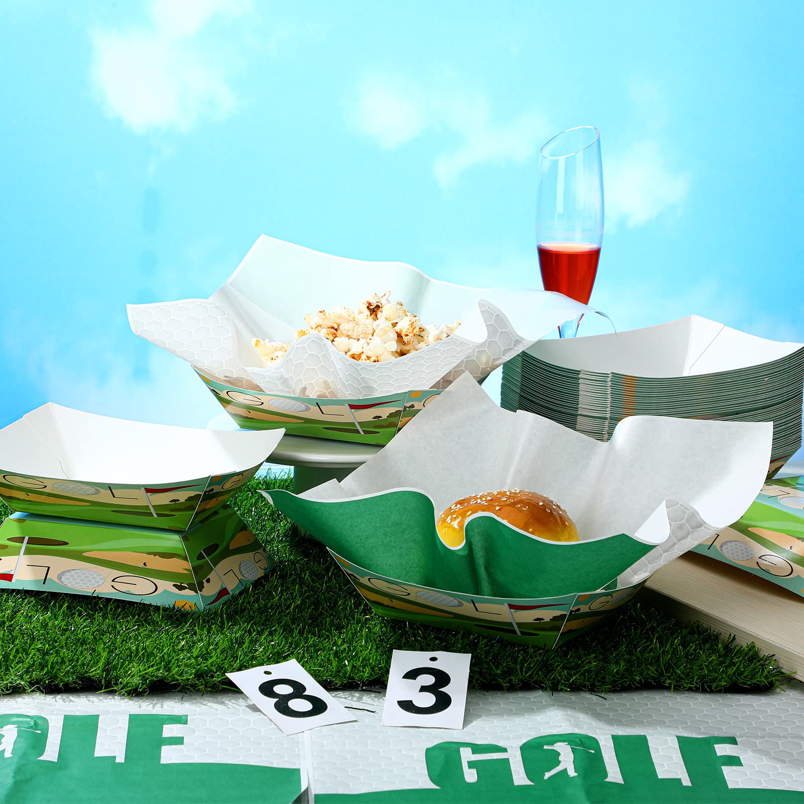 100 Pcs Golf Party Supplies Serves 50, Golf Paper Food Trays Food Boats with Wax Paper Sheets for Kid's Golf Themed Birthday Party Children Sport Party Favors Decoration (Golf)