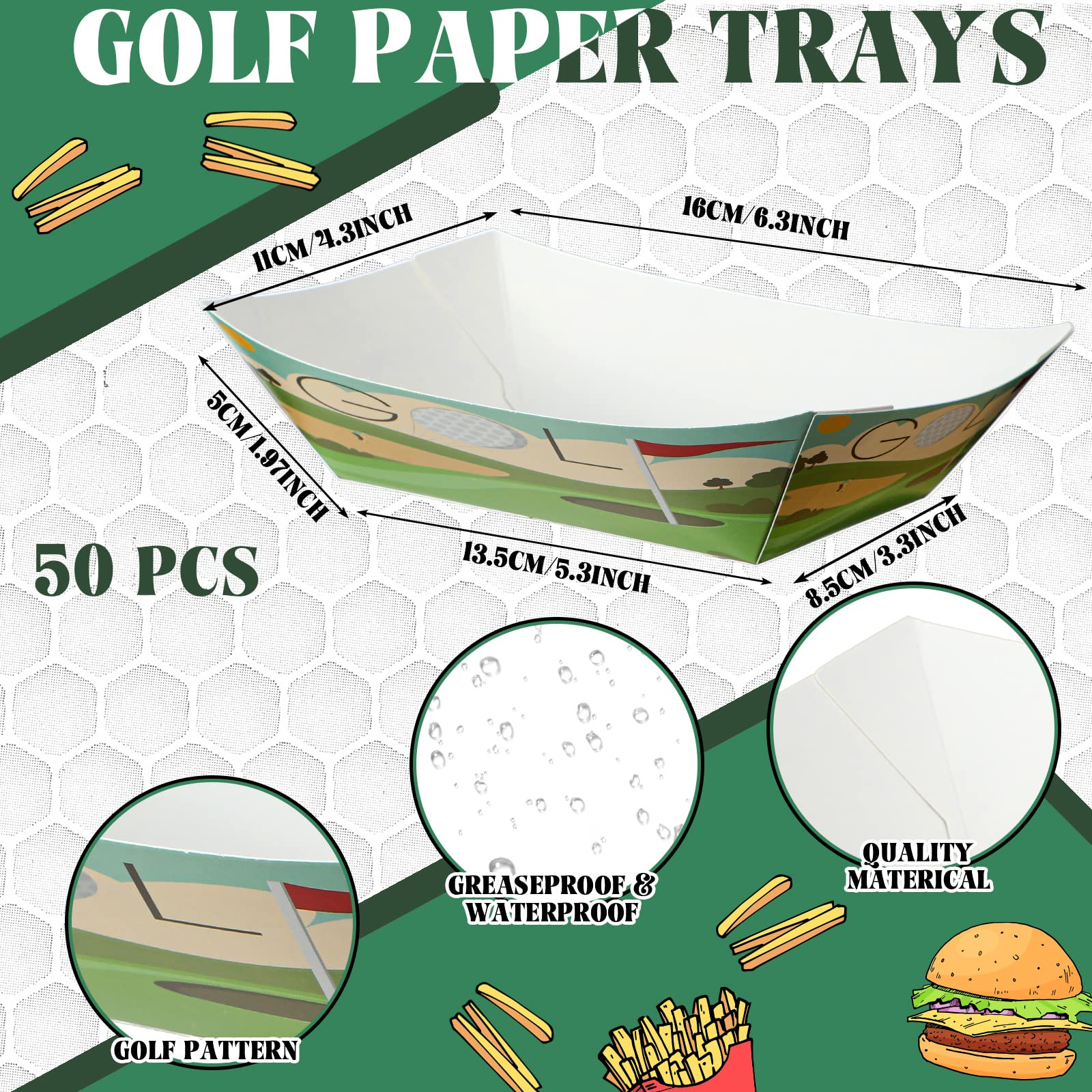 100 Pcs Golf Party Supplies Serves 50, Golf Paper Food Trays Food Boats with Wax Paper Sheets for Kid's Golf Themed Birthday Party Children Sport Party Favors Decoration (Golf)