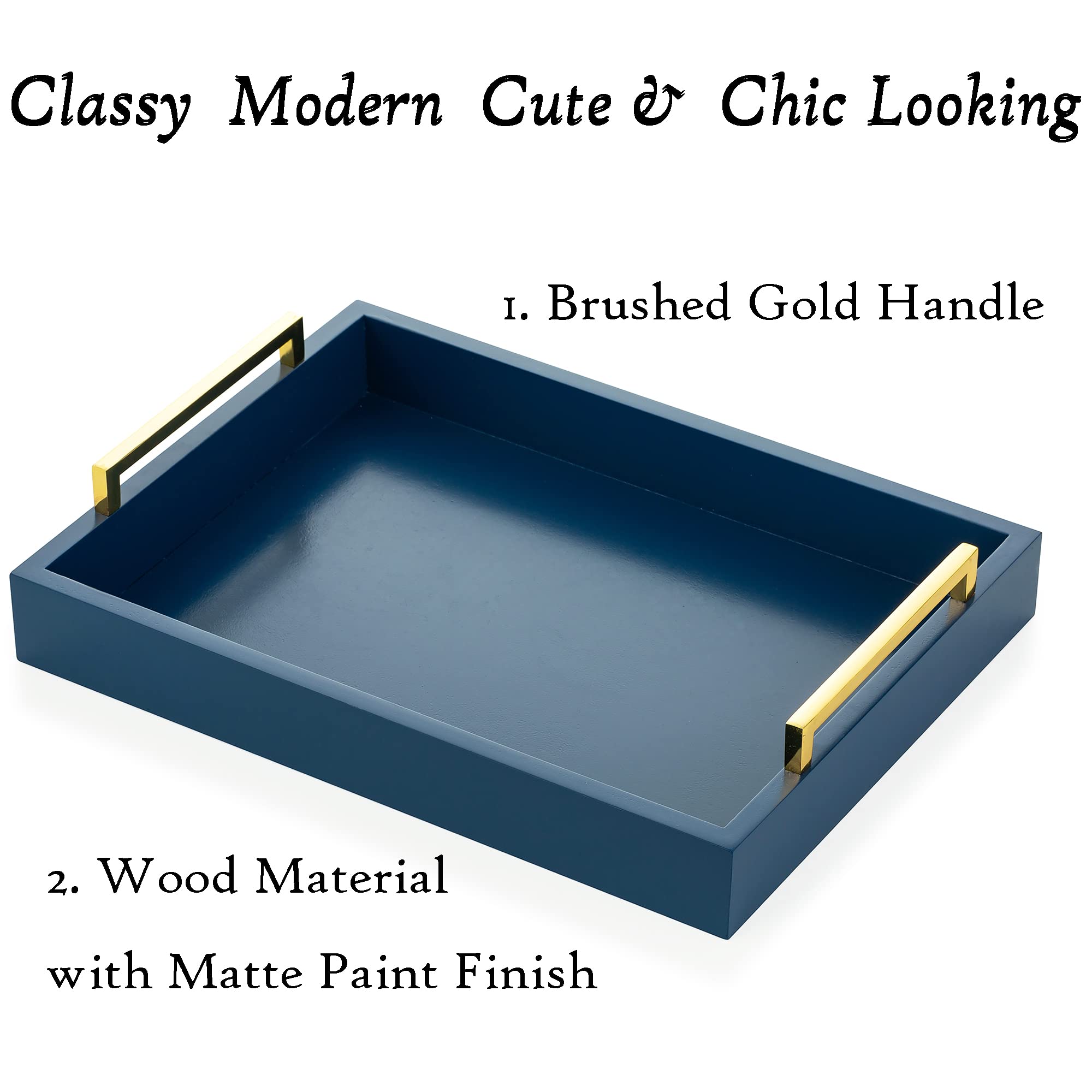 Hanobe Blue Decorative Trays for Coffee Table MDF Large Ottoman Tray for Living Room Bathroom Coffee Bar Decor Modern Tray with Gold Handles (Blue, 3)