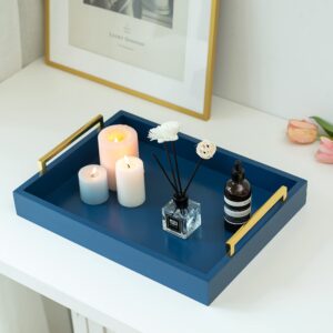 Hanobe Blue Decorative Trays for Coffee Table MDF Large Ottoman Tray for Living Room Bathroom Coffee Bar Decor Modern Tray with Gold Handles (Blue, 3)