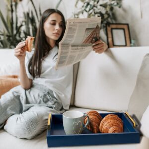 Hanobe Blue Decorative Trays for Coffee Table MDF Large Ottoman Tray for Living Room Bathroom Coffee Bar Decor Modern Tray with Gold Handles (Blue, 3)