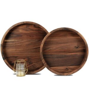 magigo set of 2 large round black walnut wood ottoman tray with handles, serve tea, coffee, classic wooden circular decorative serving tray, 14 &12 inches