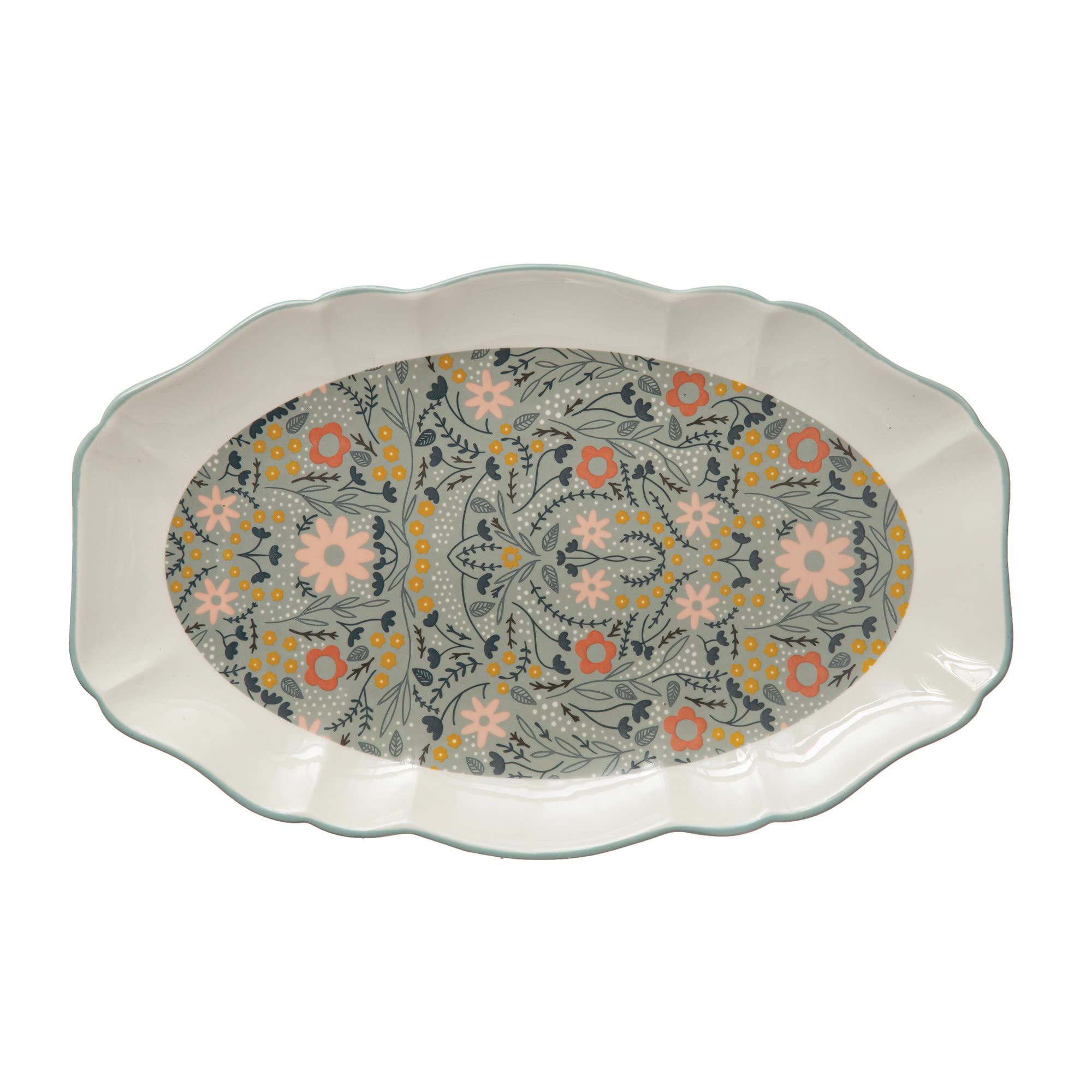 Creative Co-Op Stoneware Painted Florals, Multicolor Platter, Multi