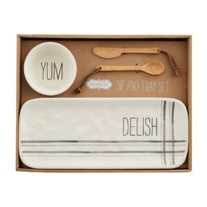 mud pie bistro boxed dip and tray, size 5" x 12" | cup 2" x 3 1/4" dia | utensil 5", white