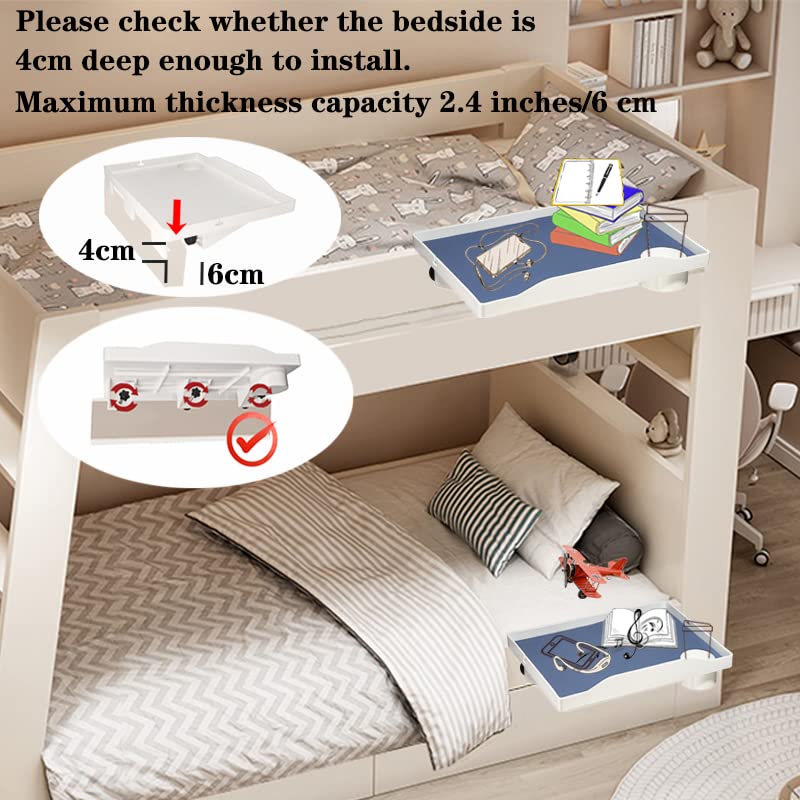 Bedroom Bedside Table Storage Rack, with Cupholder Bunk Bed Bedside Storage Rack，Removable Bedside Tray, Suitable for Bedroom/bunk Bed College Dorm Room Essentials. (White Tray + Blue Leather)