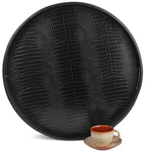 hofferruffer extra large round serving tray, elegant faux leather circle ottoman table tray with handles, serve tea, coffee or breakfast in bed, diameter 23.6 x 2.4 inches height (black)