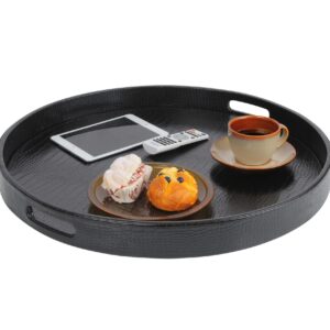 HofferRuffer Extra Large Round Serving Tray, Elegant Faux Leather Circle Ottoman Table Tray with Handles, Serve Tea, Coffee or Breakfast in Bed, Diameter 23.6 x 2.4 inches Height (Black)