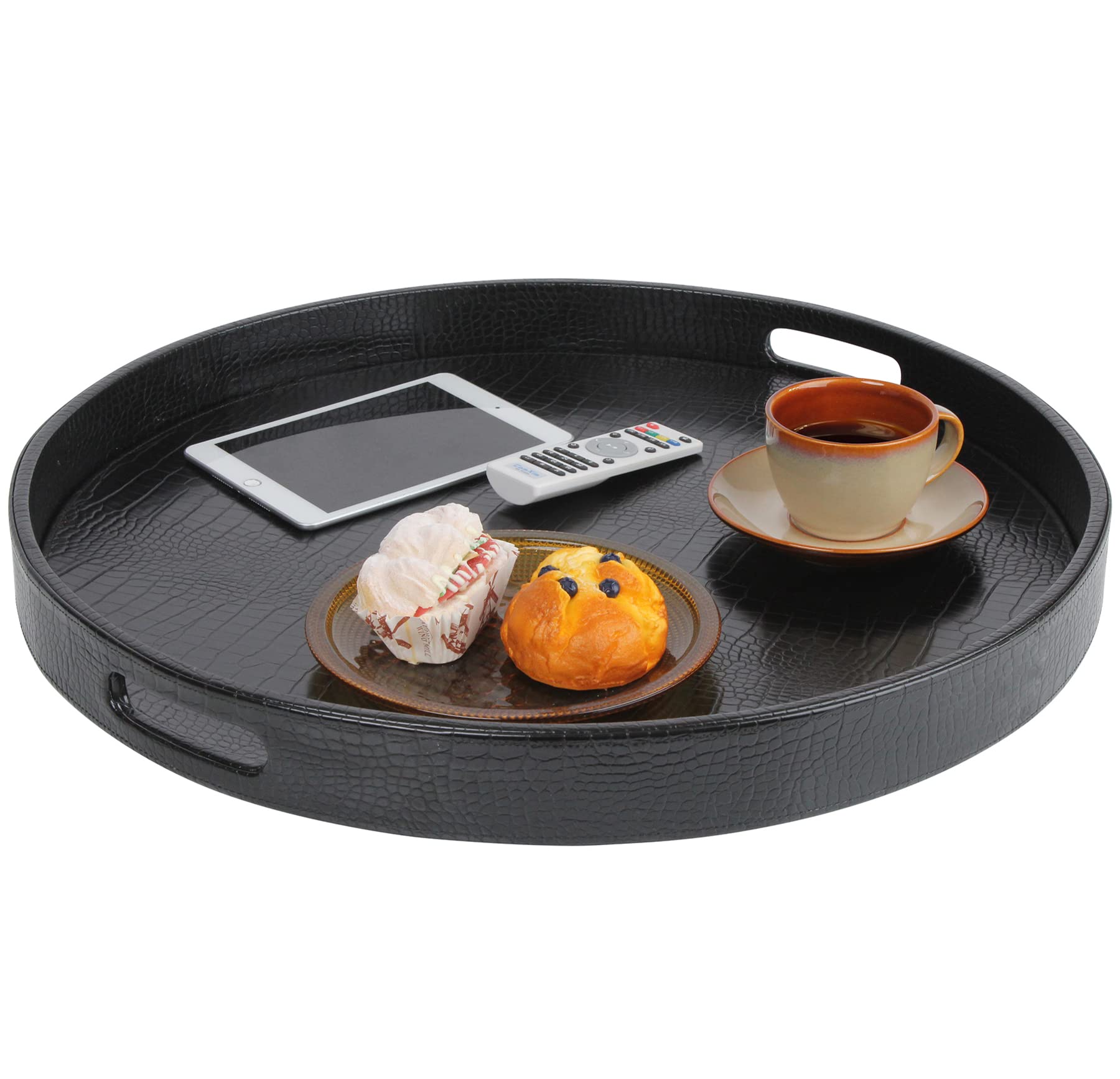 HofferRuffer Extra Large Round Serving Tray, Elegant Faux Leather Circle Ottoman Table Tray with Handles, Serve Tea, Coffee or Breakfast in Bed, Diameter 23.6 x 2.4 inches Height (Black)