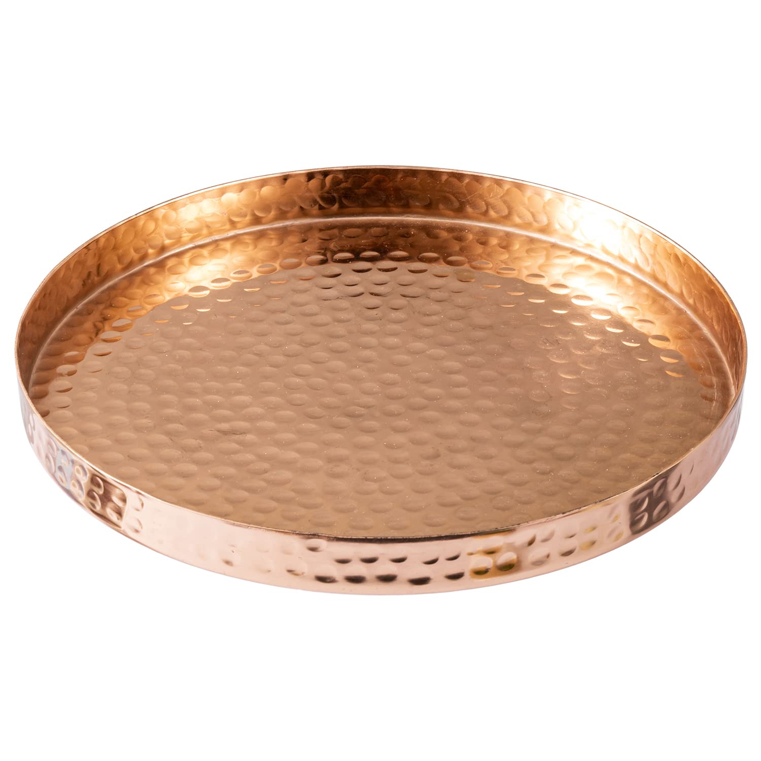 MyGift 11 Inch Deluxe Hammered Copper Round Decorative Tray - Aluminum Plated Serving Display Platter and Vanity Tray - Handcrafted in India