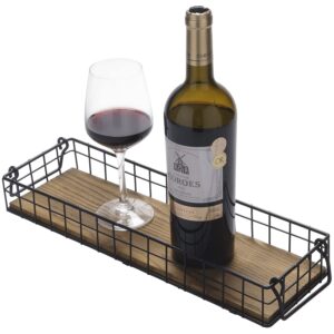 MyGift Tabletop Rustic Burnt Brown Wood Rectangular Serving Display Basket Style Tray with Vintage Metal Wire Frame and Handles