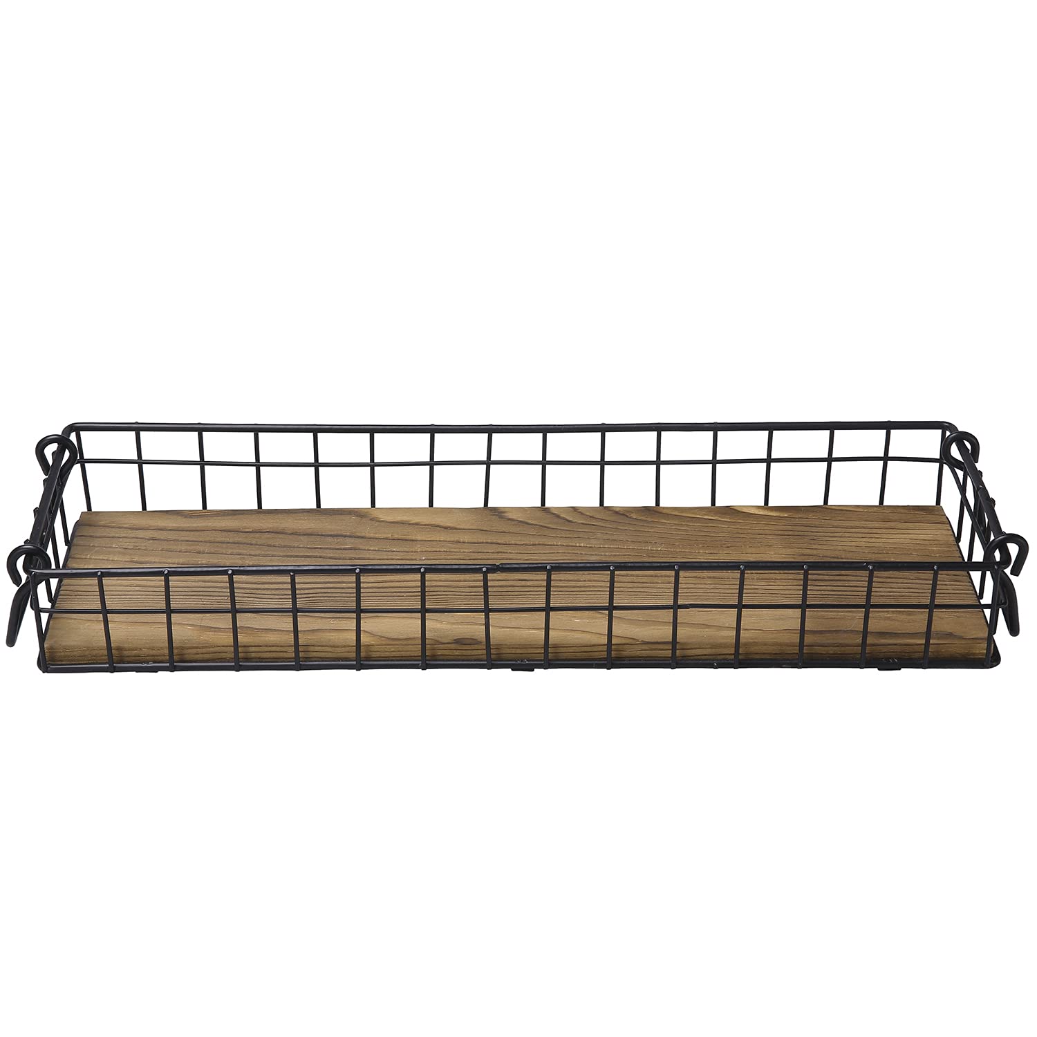 MyGift Tabletop Rustic Burnt Brown Wood Rectangular Serving Display Basket Style Tray with Vintage Metal Wire Frame and Handles