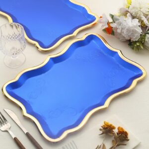 efavormart 10 pack | elegant royal blue/gold rim disposable serving trays, heavy duty 400 gsm paper rectangular party platters - 14"x10"