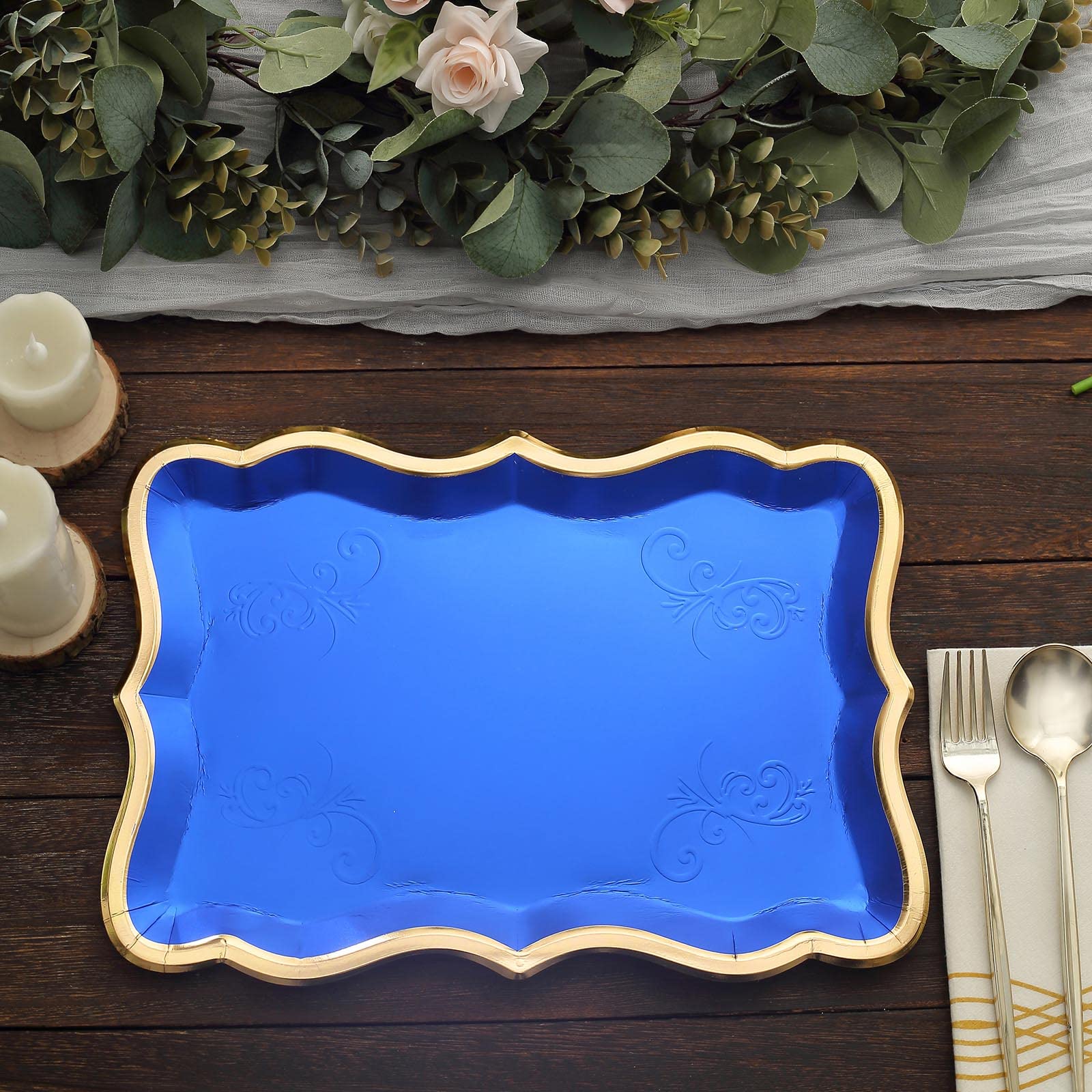 Efavormart 10 Pack | Elegant Royal Blue/Gold Rim Disposable Serving Trays, Heavy Duty 400 GSM Paper Rectangular Party Platters - 14"X10"