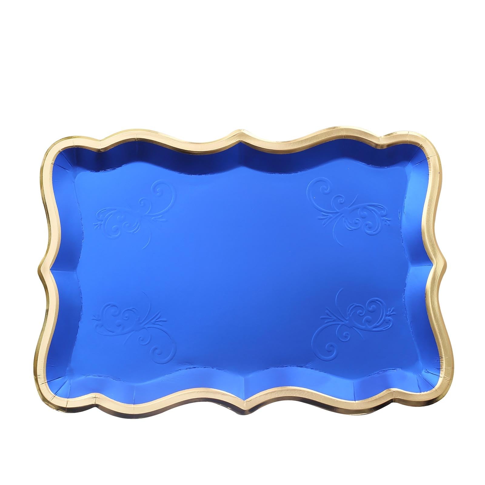 Efavormart 10 Pack | Elegant Royal Blue/Gold Rim Disposable Serving Trays, Heavy Duty 400 GSM Paper Rectangular Party Platters - 14"X10"