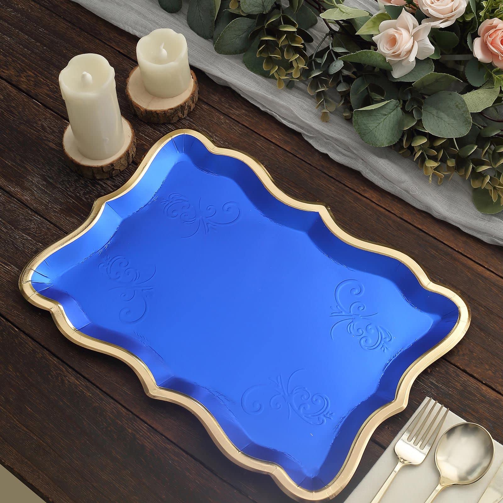 Efavormart 10 Pack | Elegant Royal Blue/Gold Rim Disposable Serving Trays, Heavy Duty 400 GSM Paper Rectangular Party Platters - 14"X10"