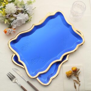 Efavormart 10 Pack | Elegant Royal Blue/Gold Rim Disposable Serving Trays, Heavy Duty 400 GSM Paper Rectangular Party Platters - 14"X10"