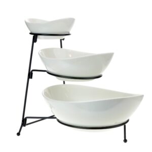 roe & moe 3 tier serving stand ceramic bowl set with metal rack, tiered bowls for parties candy appetizer dessert fruit cake veggies chips & dip